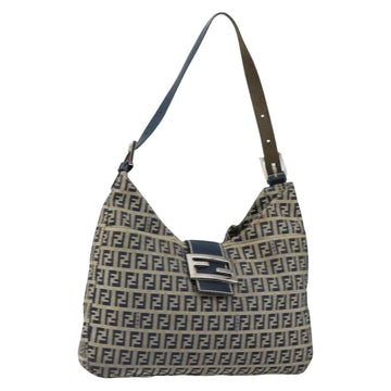 FENDI Zucchino Canvas Mamma Baguette Shoulder Bag Navy Silver Auth 153496