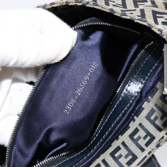 FENDI Zucchino Canvas Mamma Baguette Shoulder Bag Navy Silver Auth 153496