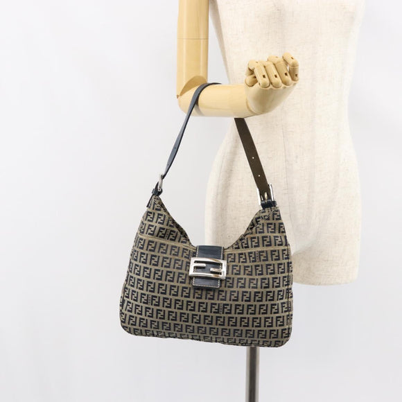 FENDI Zucchino Canvas Mamma Baguette Shoulder Bag Navy Silver Auth 153496