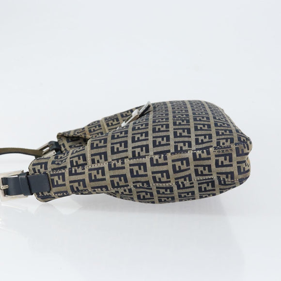FENDI Zucchino Canvas Mamma Baguette Shoulder Bag Navy Silver Auth 153496