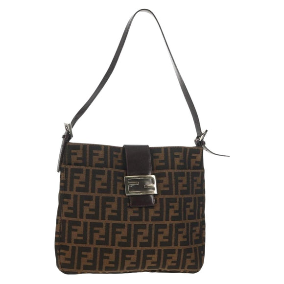 FENDI Zucca Canvas Mamma Baguette Shoulder Bag Black Brown Auth 153620SAV