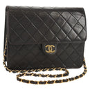 CHANEL Matelasse Chain Shoulder Bag Lamb Skin Black Gold CC Auth 153631V-1