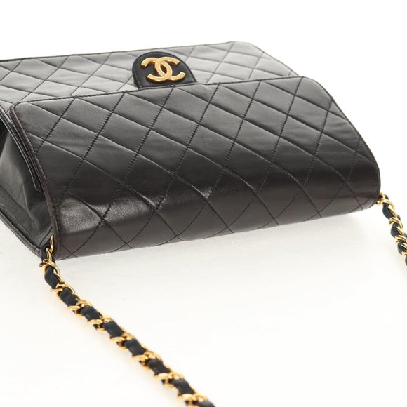 CHANEL Matelasse Chain Shoulder Bag Lamb Skin Black Gold CC Auth 153631V