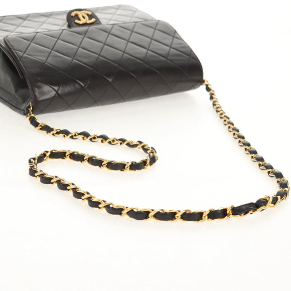 CHANEL Matelasse Chain Shoulder Bag Lamb Skin Black Gold CC Auth 153631V
