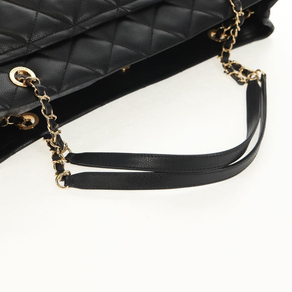 CHANEL Chain Shoulder Bag Caviar Skin Black Gold CC Auth 153637SAM