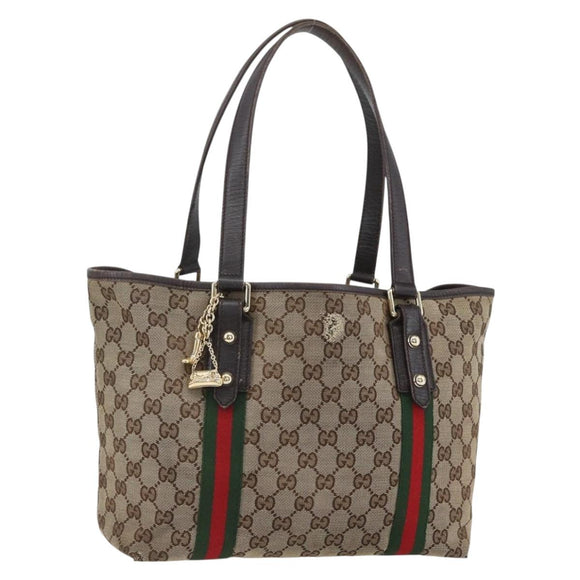 GUCCI Web Sherry Line GG Canvas Semi Tote Bag Beige Gold 137396 Auth 153643