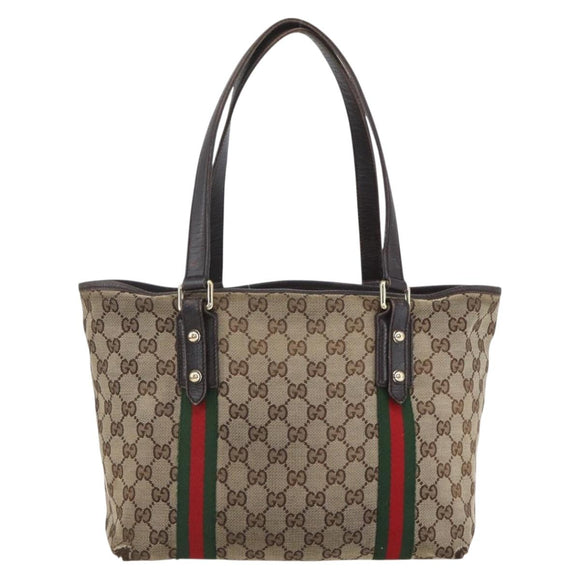 GUCCI Web Sherry Line GG Canvas Semi Tote Bag Beige Gold 137396 Auth 153643