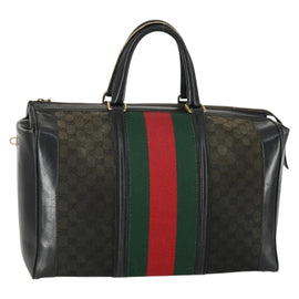 GUCCI GG Canvas Web Sherry Line Travel Bag Black Gold Auth 153646
