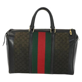 GUCCI GG Canvas Web Sherry Line Travel Bag Black Gold Auth 153646 - 0
