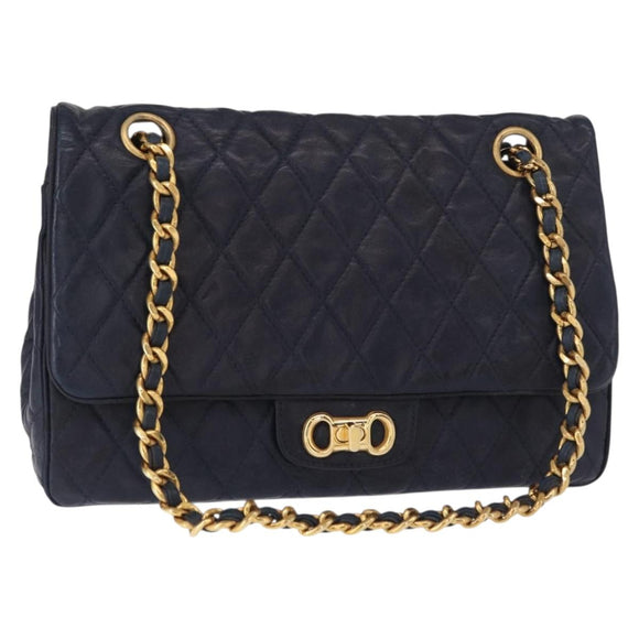 BALLY Chain Shoulder Bag Leather Navy Gold Auth 153688