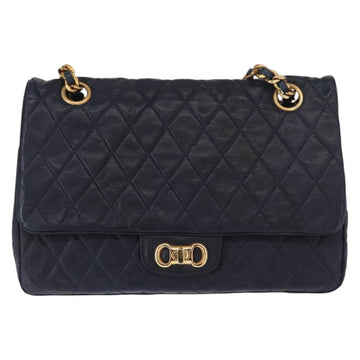 BALLY Chain Shoulder Bag Leather Navy Gold Auth 153688 - 0