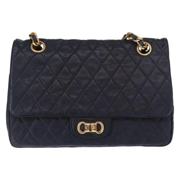 BALLY Chain Shoulder Bag Leather Navy Gold Auth 153688
