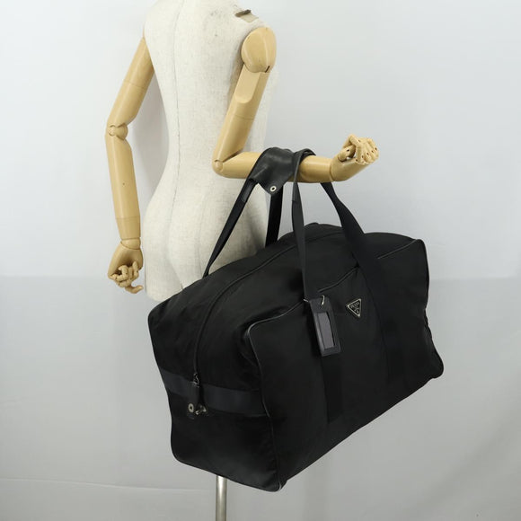 PRADA Boston Bag Nylon Black Silver Auth 153694