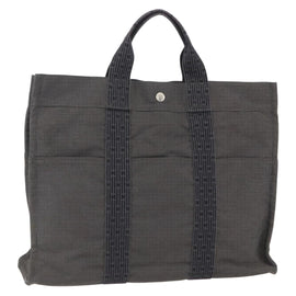 HERMES Her Line MM Hand Bag Canvas Gray Silver Auth 153727