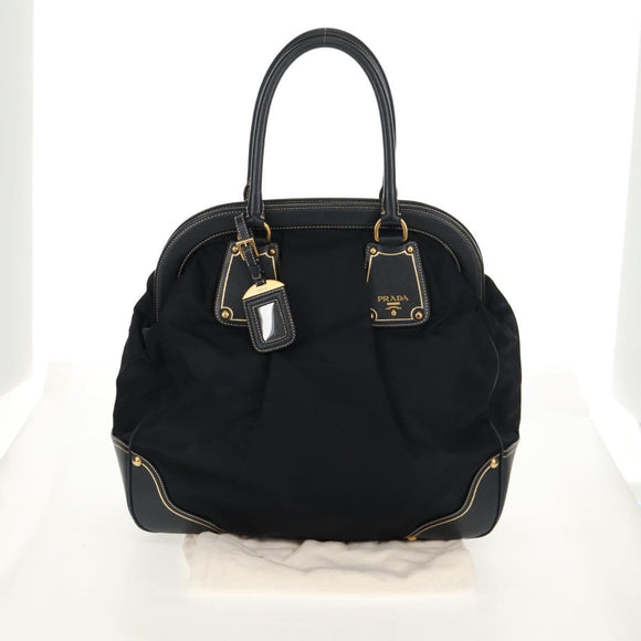 PRADA Hand Bag Nylon Leather Navy Gold BR3684 Auth 153736V