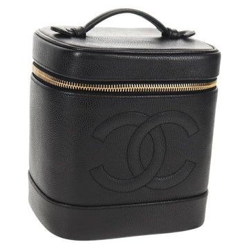 CHANEL COCO Mark Vanity Pouch Caviar Skin Black Gold CC Auth 153739SAV