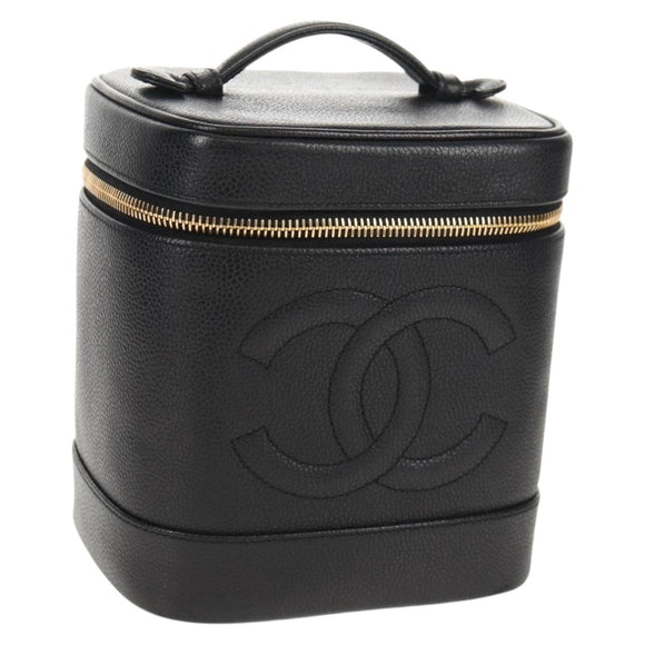 CHANEL COCO Mark Vanity Pouch Caviar Skin Black Gold CC Auth 153739SAV