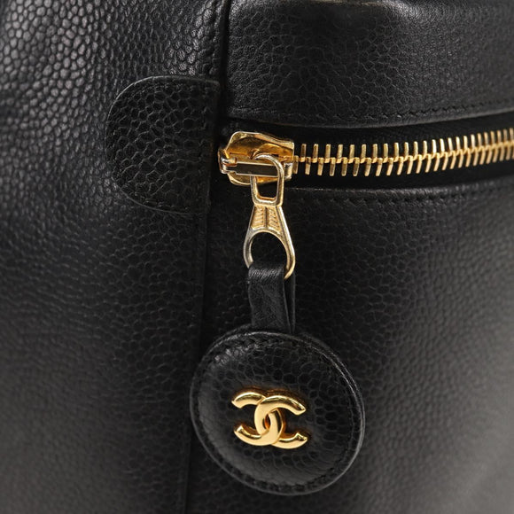 CHANEL COCO Mark Vanity Pouch Caviar Skin Black Gold CC Auth 153739SAV