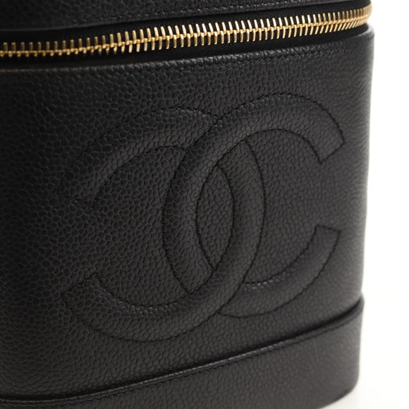 CHANEL COCO Mark Vanity Pouch Caviar Skin Black Gold CC Auth 153739SAV