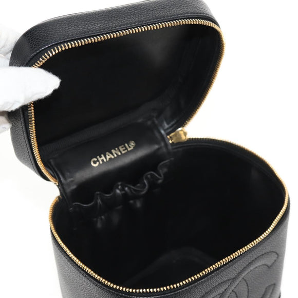 CHANEL COCO Mark Vanity Pouch Caviar Skin Black Gold CC Auth 153739SAV