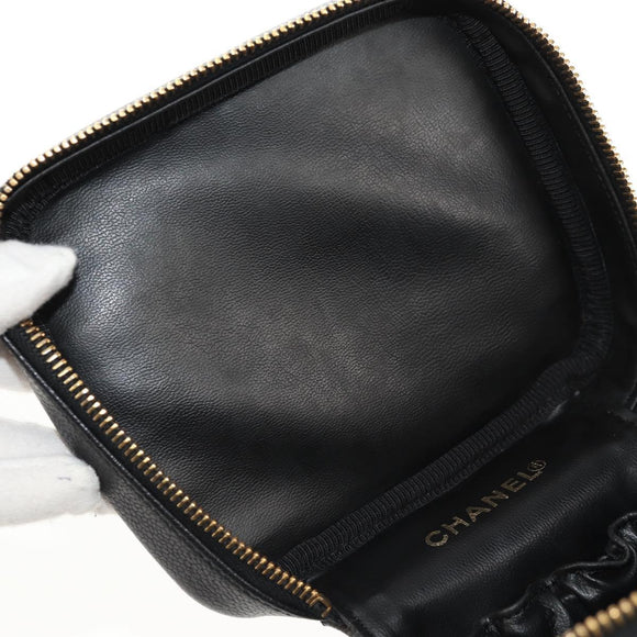 CHANEL COCO Mark Vanity Pouch Caviar Skin Black Gold CC Auth 153739SAV