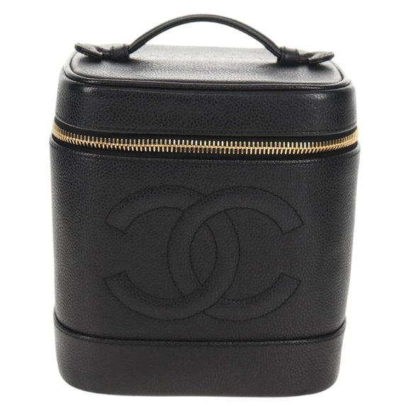 CHANEL COCO Mark Vanity Pouch Caviar Skin Black Gold CC Auth 153739SAV