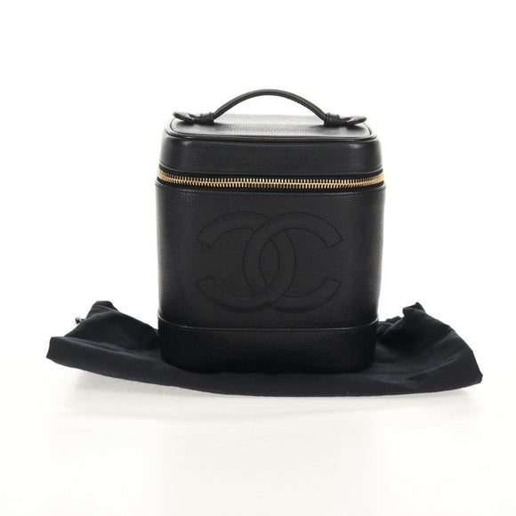 CHANEL COCO Mark Vanity Pouch Caviar Skin Black Gold CC Auth 153739SAV