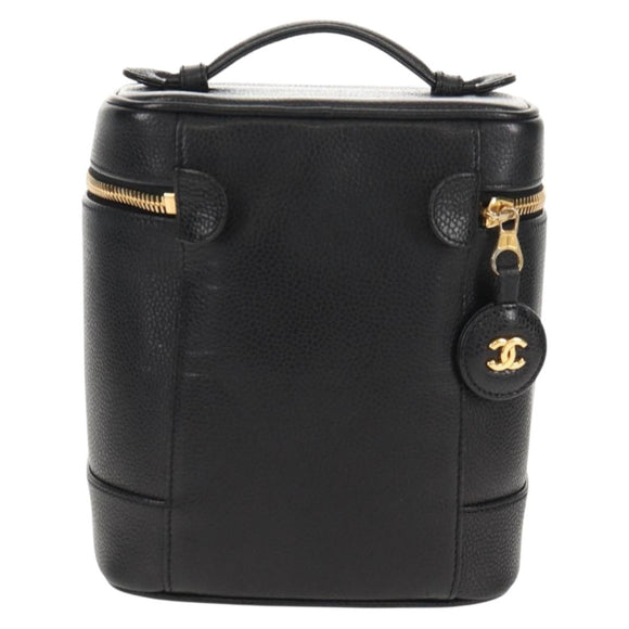 CHANEL COCO Mark Vanity Pouch Caviar Skin Black Gold CC Auth 153739SAV