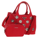 PRADA Canapa PM Hand Bag Canvas 2way Red Silver Auth 153759V-1
