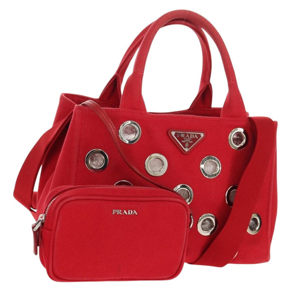PRADA Canapa PM Hand Bag Canvas 2way Red Silver Auth 153759V