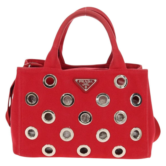 PRADA Canapa PM Hand Bag Canvas 2way Red Silver Auth 153759V