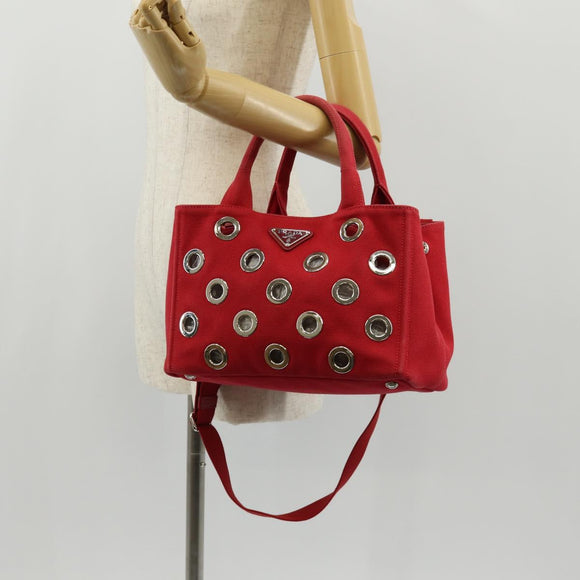 PRADA Canapa PM Hand Bag Canvas 2way Red Silver Auth 153759V