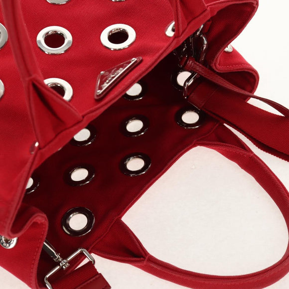 PRADA Canapa PM Hand Bag Canvas 2way Red Silver Auth 153759V