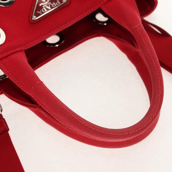 PRADA Canapa PM Hand Bag Canvas 2way Red Silver Auth 153759V