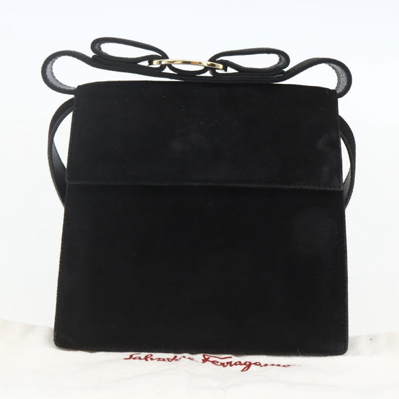 Salvatore Ferragamo Vala Hand Bag Suede 2way Black Gold Auth 153762V