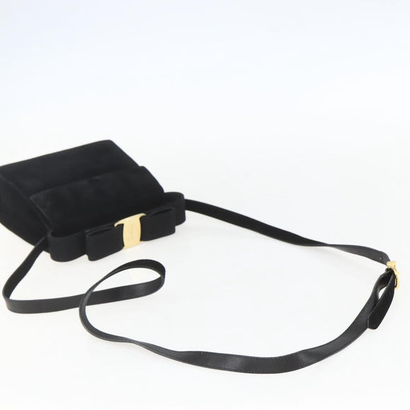 Salvatore Ferragamo Vala Hand Bag Suede 2way Black Gold Auth 153762V