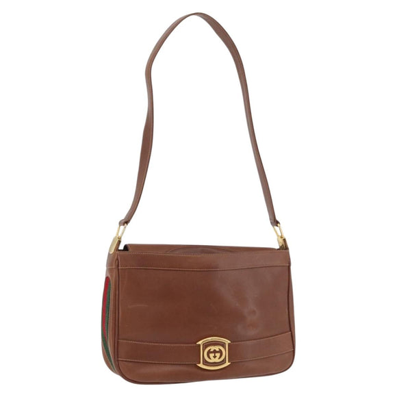 GUCCI Web Sherry Line Umhängetasche Leder Old GUCCI Gold Braun Auth 153770