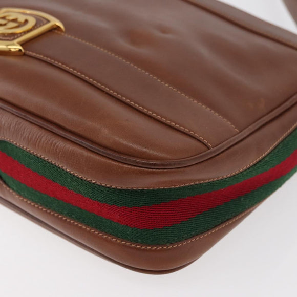 GUCCI Web Sherry Line Umhängetasche Leder Old GUCCI Gold Braun Auth 153770