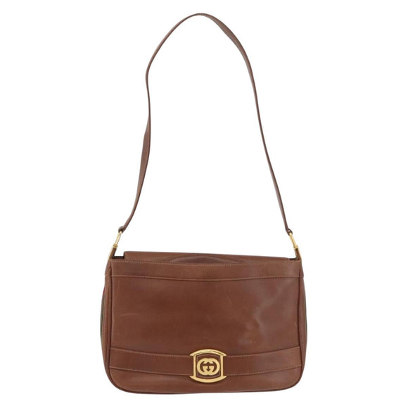 GUCCI Web Sherry Line Umhängetasche Leder Old GUCCI Gold Braun Auth 153770