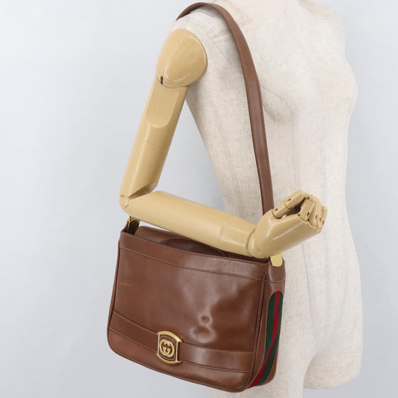 GUCCI Web Sherry Line Umhängetasche Leder Old GUCCI Gold Braun Auth 153770