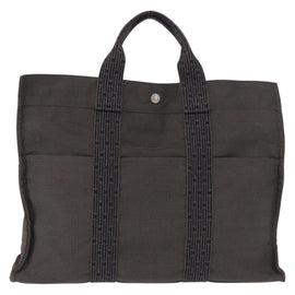 HERMES Her Line MM Hand Bag Canvas Gray Silver Auth 153785 - 0