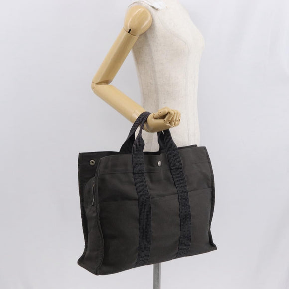 HERMES Her Line MM Hand Bag Canvas Gray Silver Auth 153785