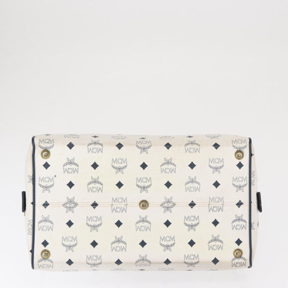 MCM Vicetos Logogram Boston Bag PVC Leather White Gold Auth 153787