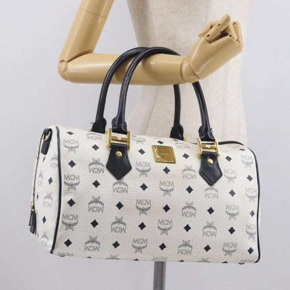 MCM Vicetos Logogram Boston Bag PVC Leather White Gold Auth 153787