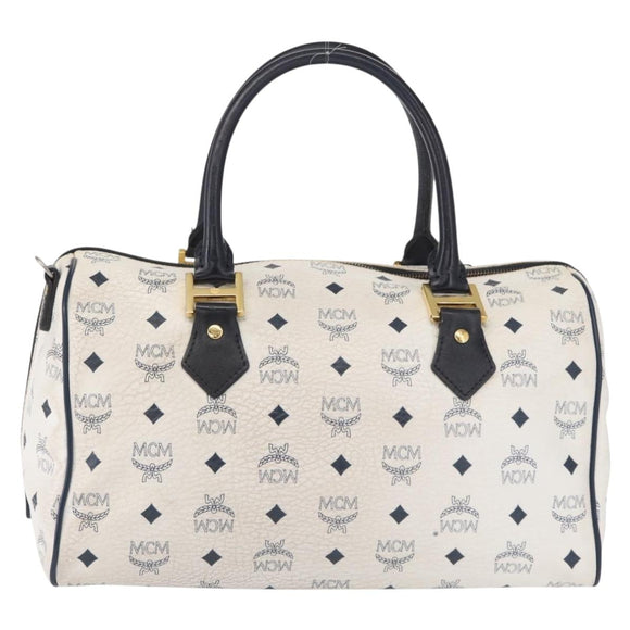 MCM Vicetos Logogram Boston Bag PVC Leather White Gold Auth 153787