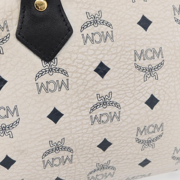 MCM Vicetos Logogram Boston Bag PVC Leather White Gold Auth 153787