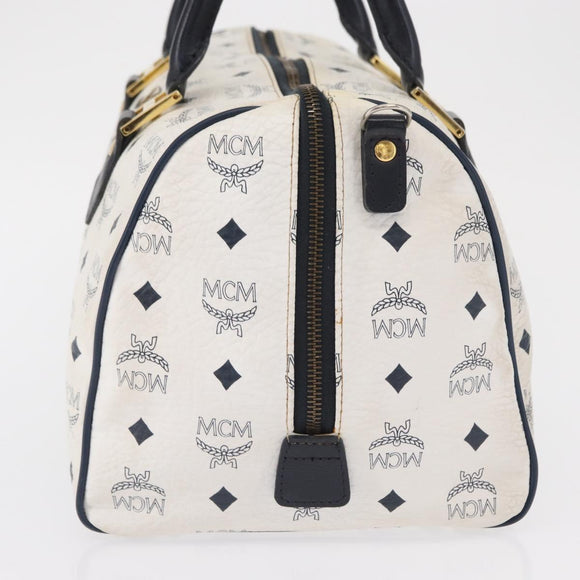 MCM Vicetos Logogram Boston Bag PVC Leather White Gold Auth 153787