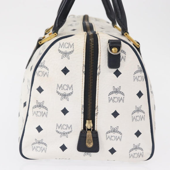 MCM Vicetos Logogram Boston Bag PVC Leather White Gold Auth 153787