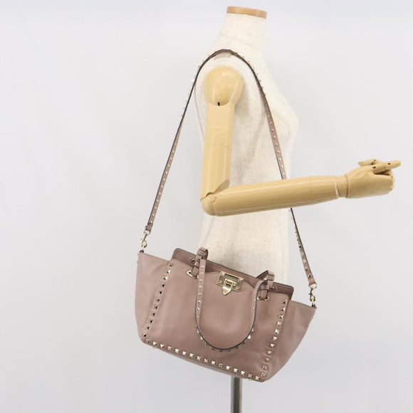 VALENTINO Studs Hand Bag Leather 2way Pink Gold Auth 153791