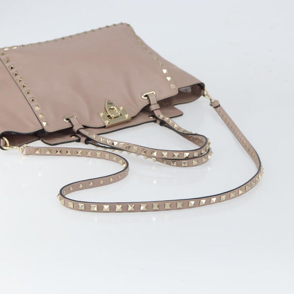 VALENTINO Studs Hand Bag Leather 2way Pink Gold Auth 153791